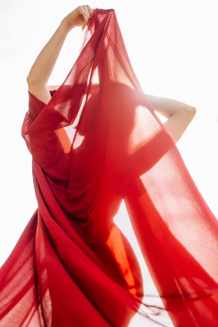 A silhouette of a performer gracefully posing behind a flowing red veil in bright light.